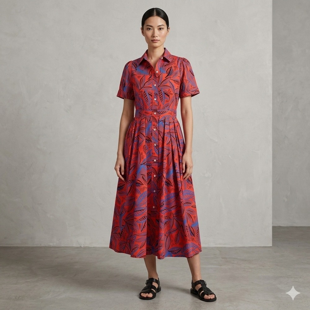 Alexis for Target Red Blue Tropical Leaf Button Front Midi‎ Shirt Dress XS